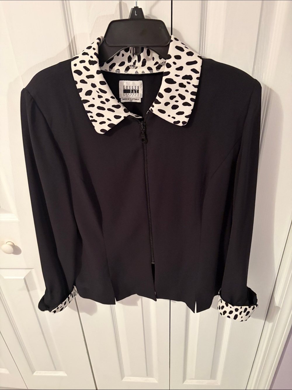 Leslie Fay Black Jacket with Contrast Dalmatian-Print Collar
